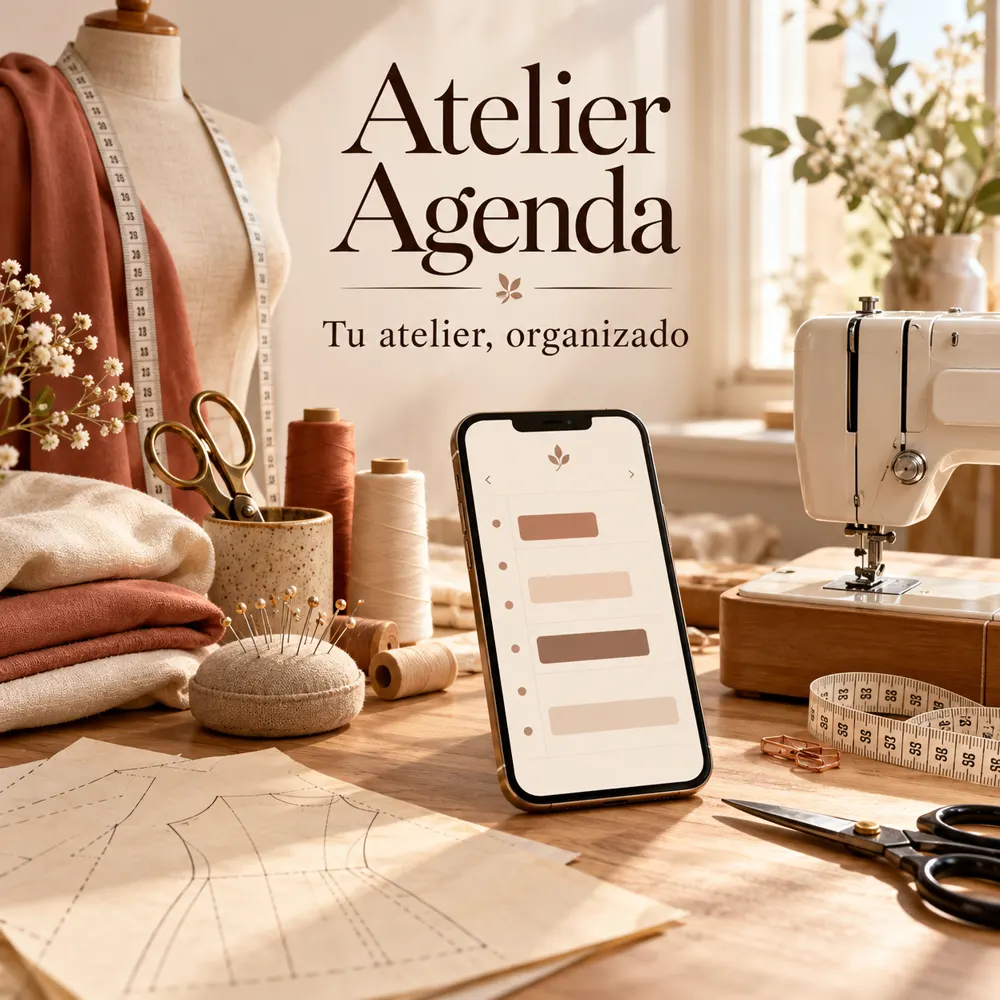 Imagen ilustrativa de Atelier Agenda junto a telas y herramientas de costura