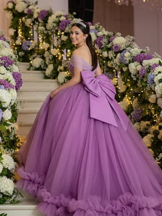 Vestido lila con moño del atelier de Beatriz Sosa